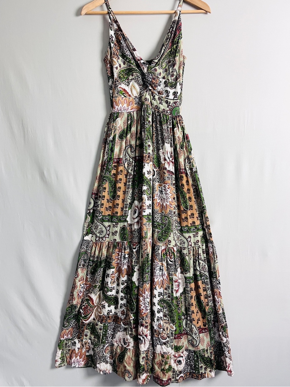 Angie Paisley Floral Rayon Tiered Maxi Dress Boho Green Burgundy